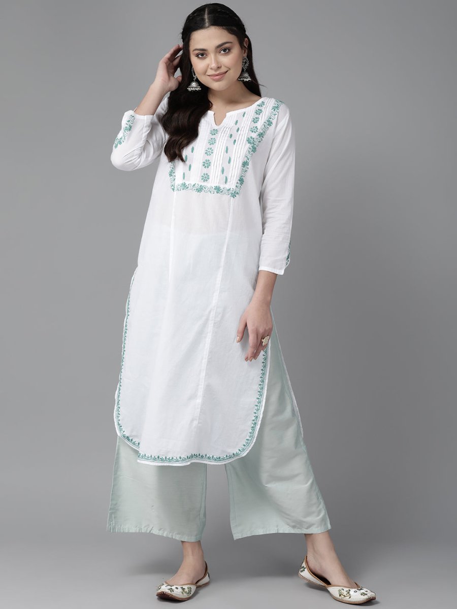 ADA Ethnic Motifs Embroidered Chikankari Floral Kurta | Swadesiicart
