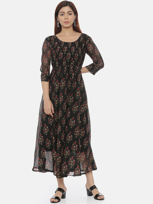 Souchii Women Black Printed Fit And Flare Beautiful Dress - SOUCHII