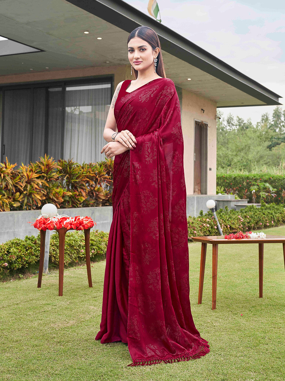 Tikhi Imli Embellished Half and half Satin Saree With Tassels | Swadesiicart
