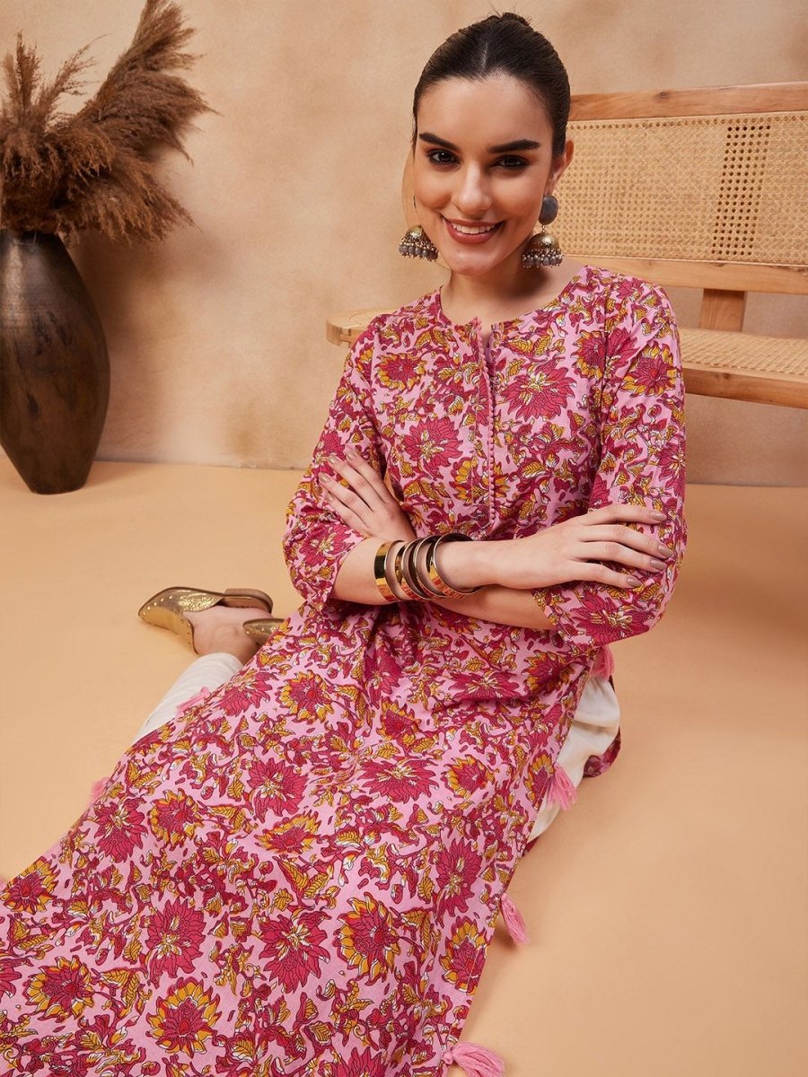 Anouk Floral Printed Round Neck Pure Cotton Straight Kurta - Swadesiicart