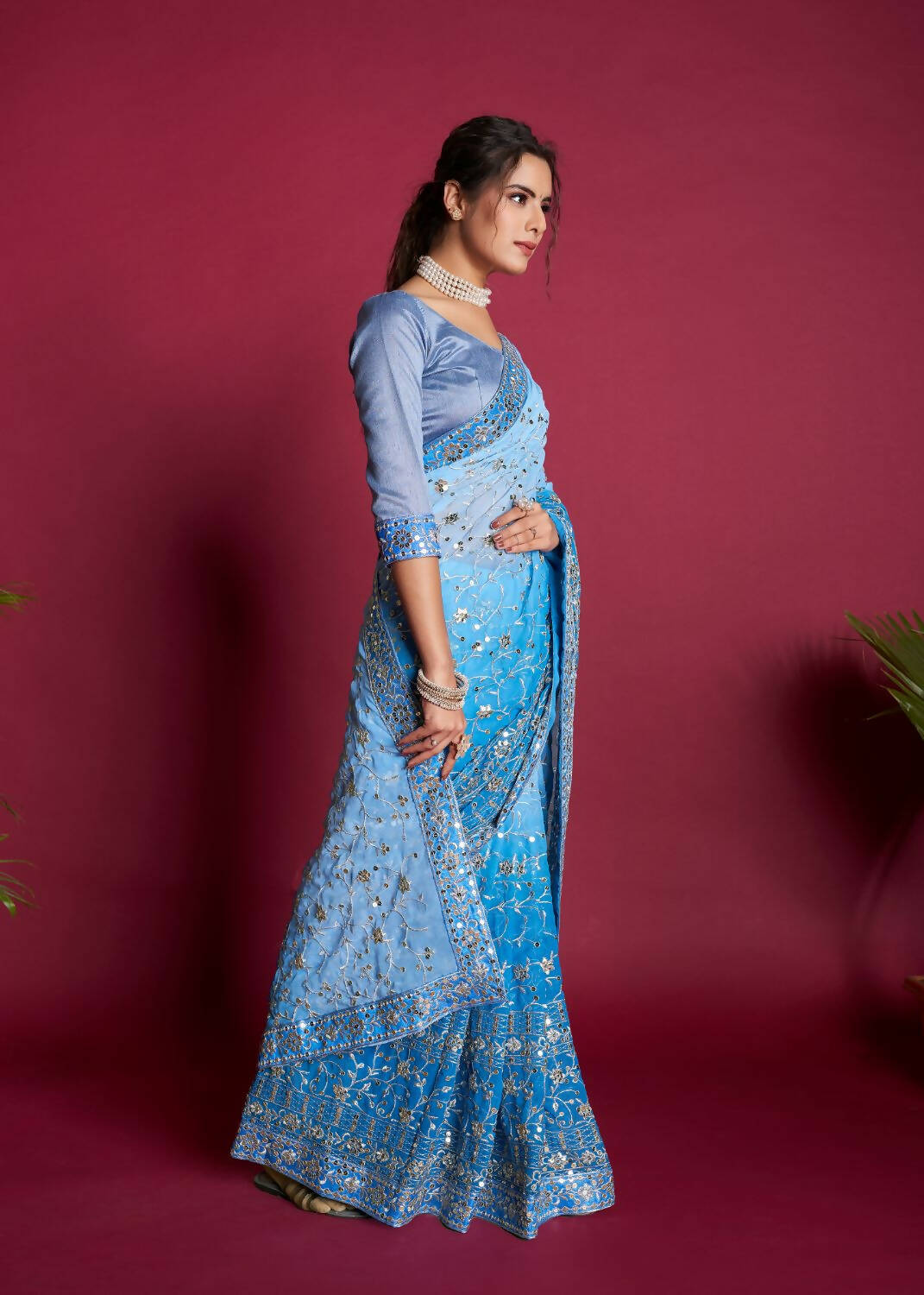 Vamsee Blue & White Georgette Designer Saree - Swadesiicart