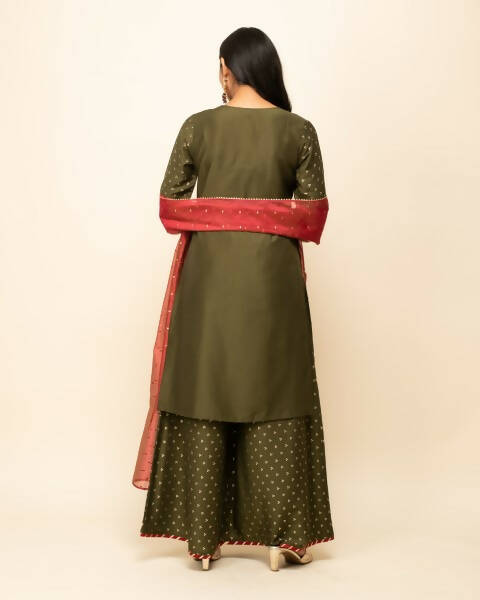 FIORRA Women's Green Silk Blend Straight Kurta Palazzo Set With Dupatta - Swadesiicart