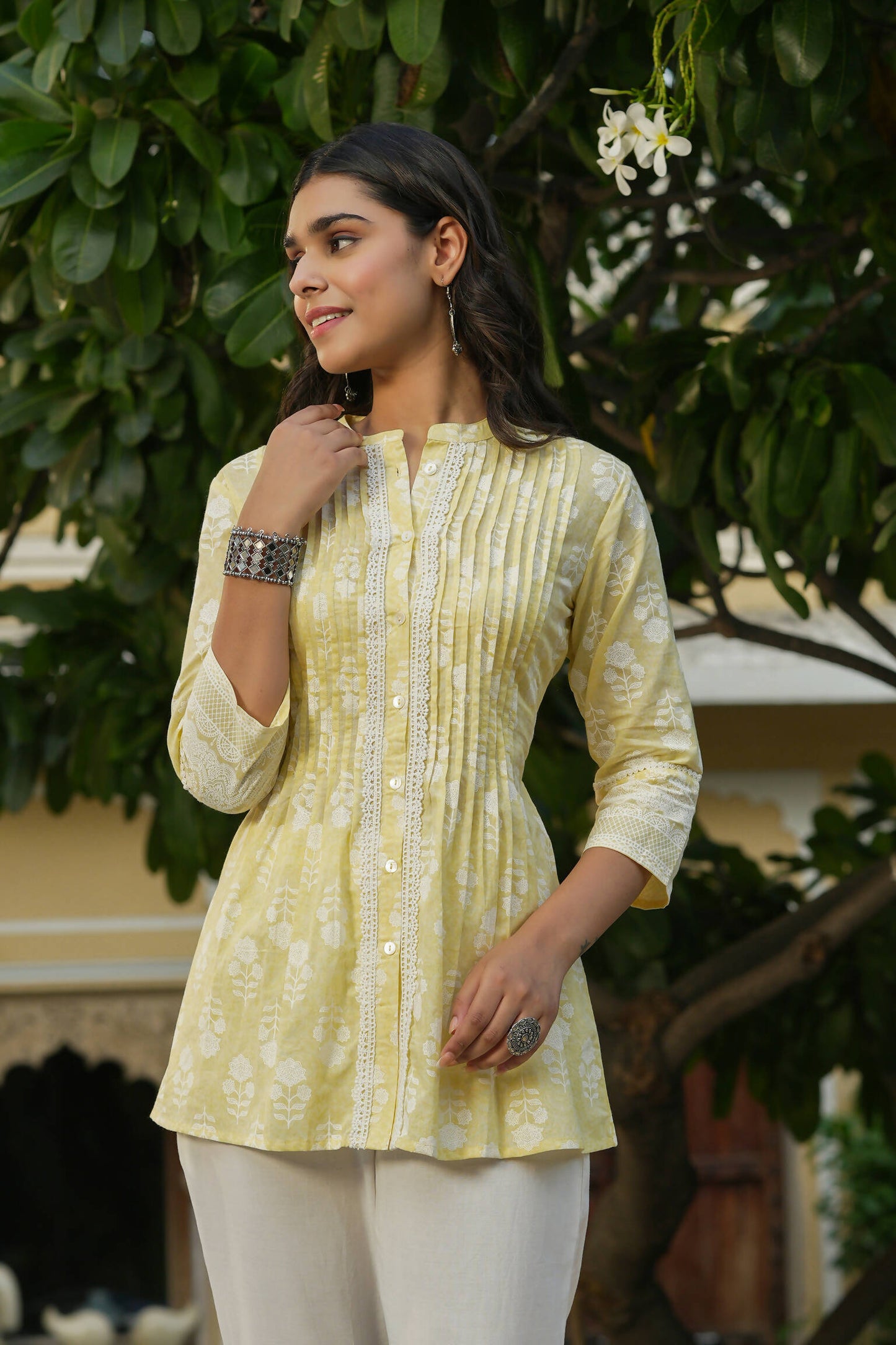 Juniper Women's Yellow Cambric Placement Floral Printed Tunic | Swadesiicart