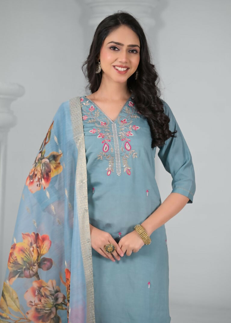 Ethnic Festive Wear Chanderi Viscose Sky Stitched Suit With Dupatta - Tanisha | Swadesiicart