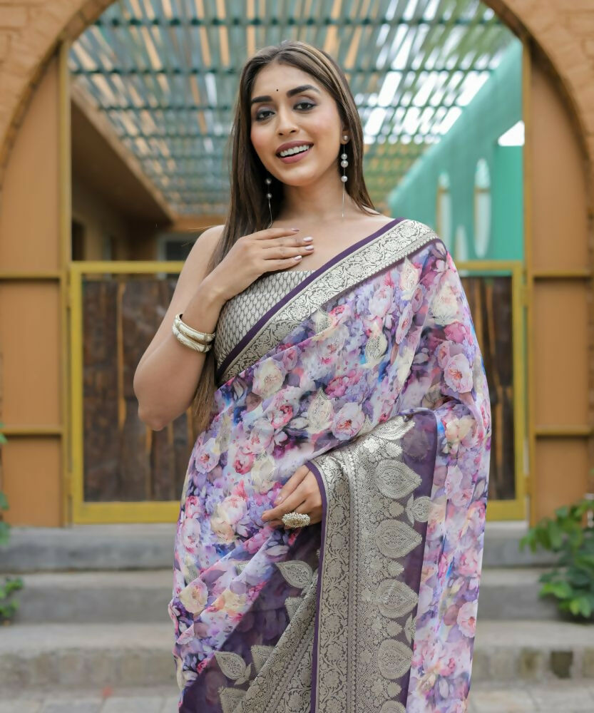 Vamsee Dhruvini Purple Georgette Saree - Swadesiicart