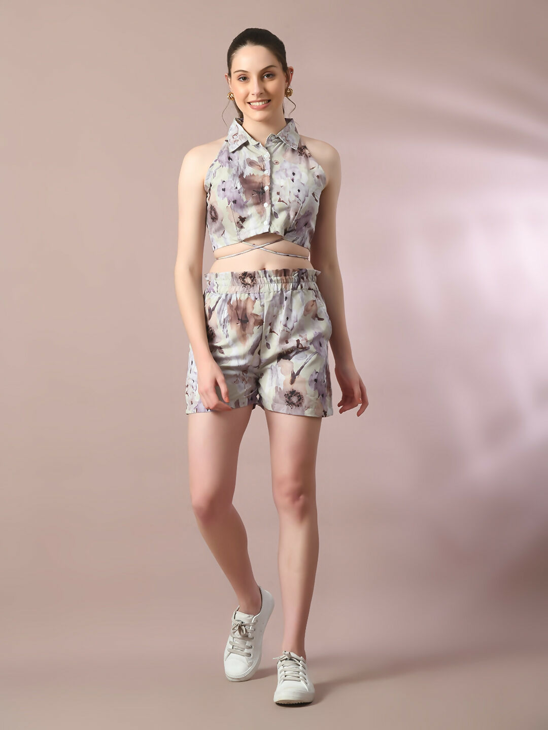 Myshka Women's Multi Printed Shirt Collar Party Top With Shorts Co-ord set - Swadesiicart