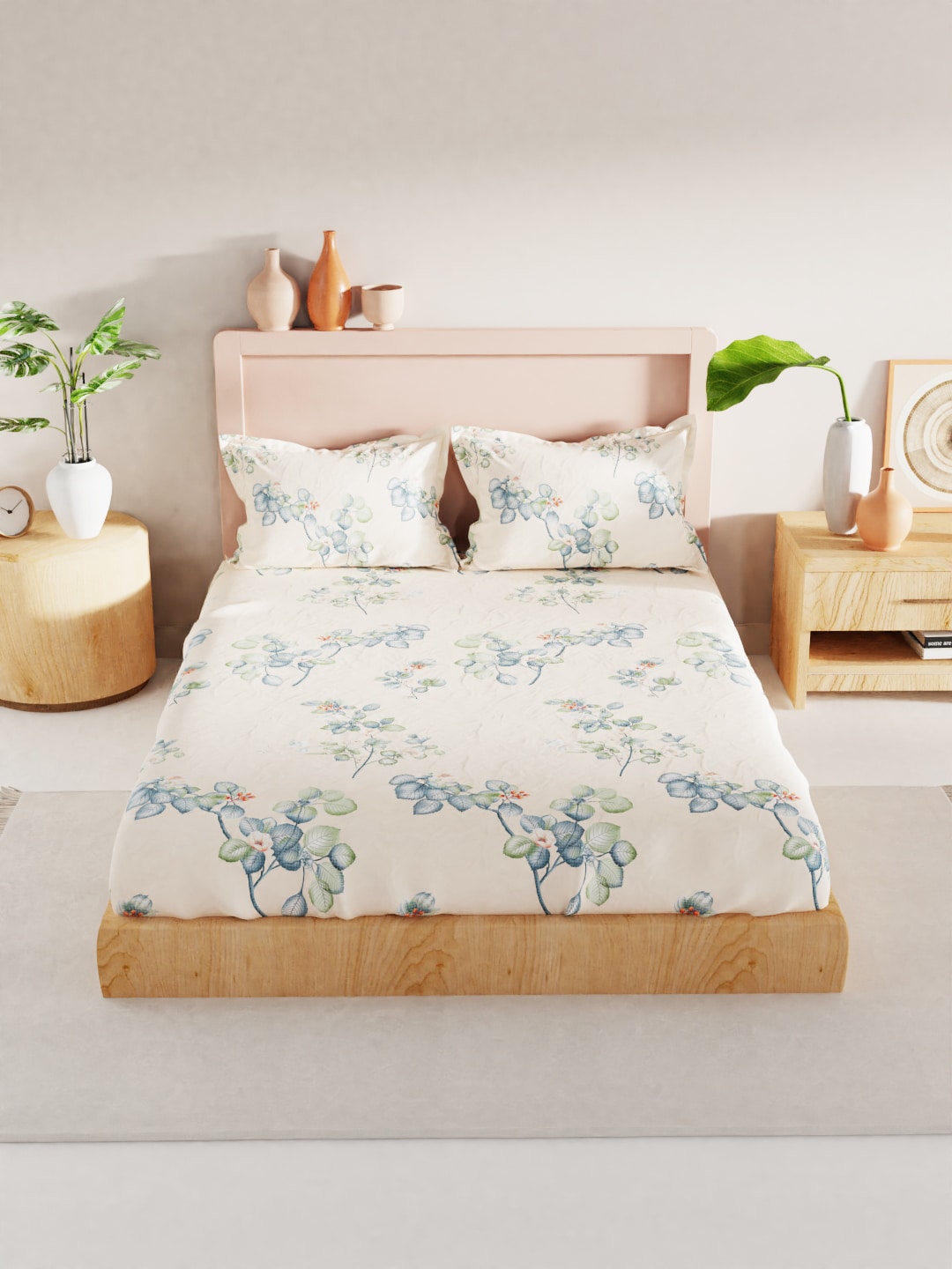 BIANCA Beige & Green Floral 186 TC King Bedsheet with 2 Pillow Covers - Swadesiicart