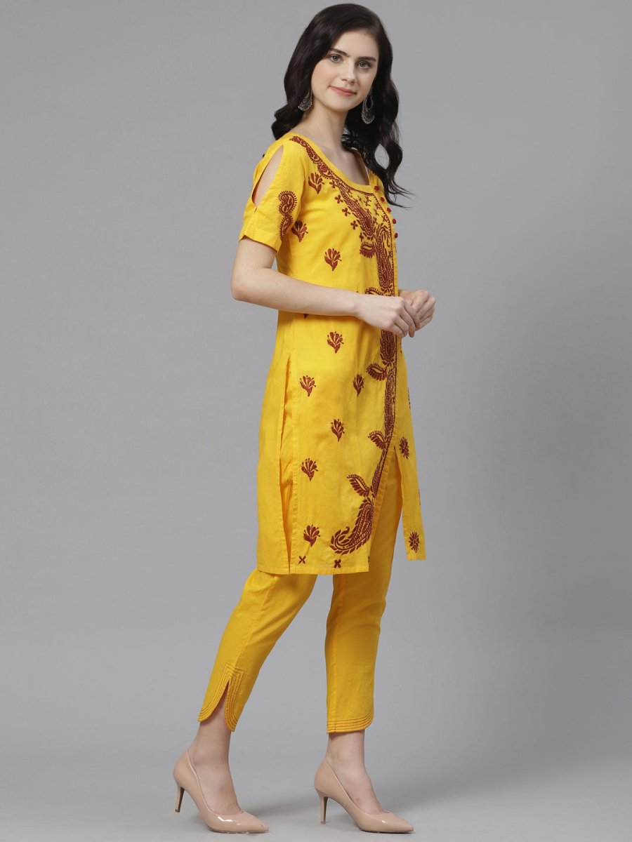 ADA Women Yellow & Maroon Paisley Chikankari Embroidered Sustainable Handloom Kurta with Trousers | Swadesiicart