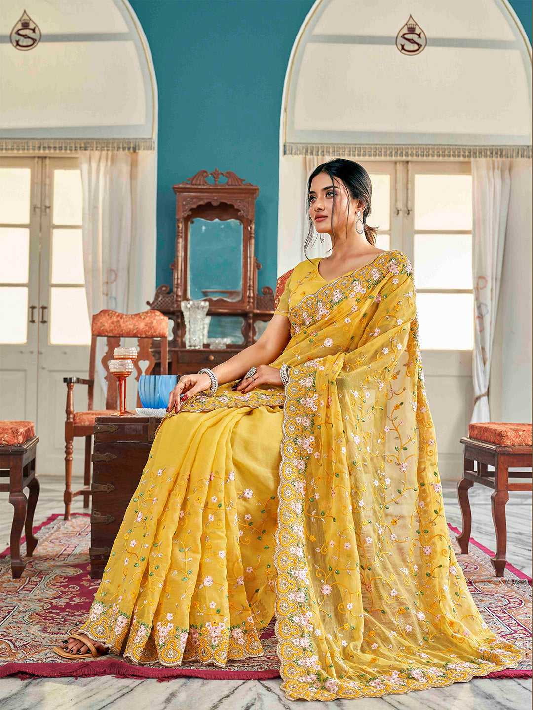 Tikhi Imli Yellow Ethnic Motifs Beads and Stones Embroidered Saree | Swadesiicart