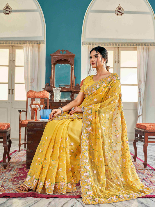 Tikhi Imli Yellow Ethnic Motifs Beads and Stones Embroidered Saree | Swadesiicart