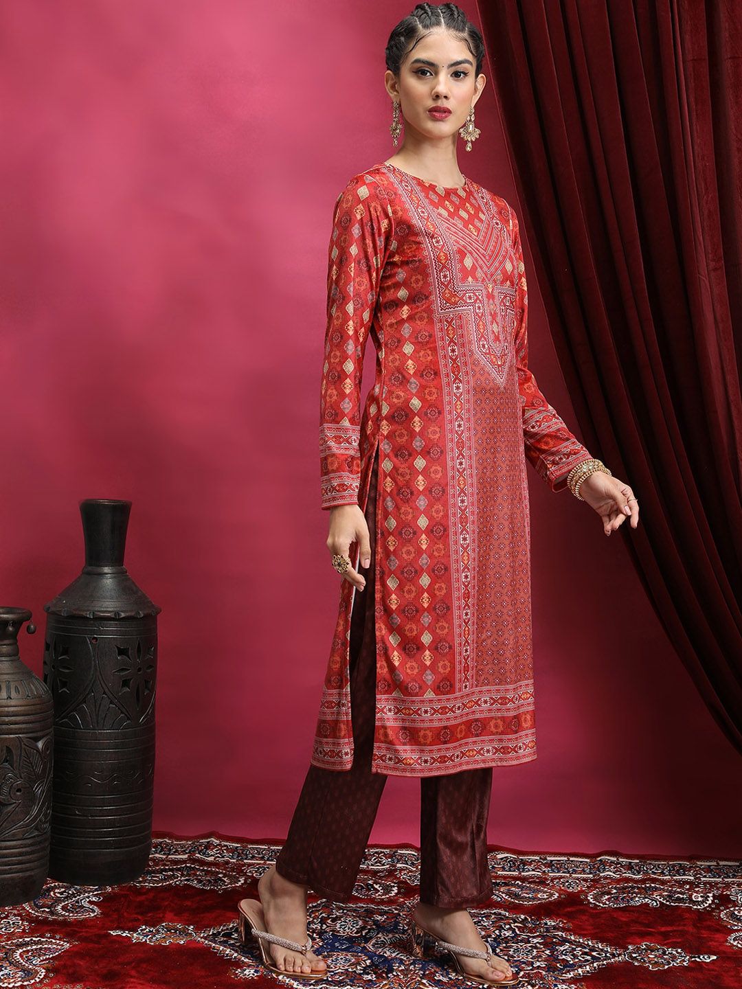Vishudh Red Ethnic Motifs Printed Neck Straight Kurta - Swadesiicart