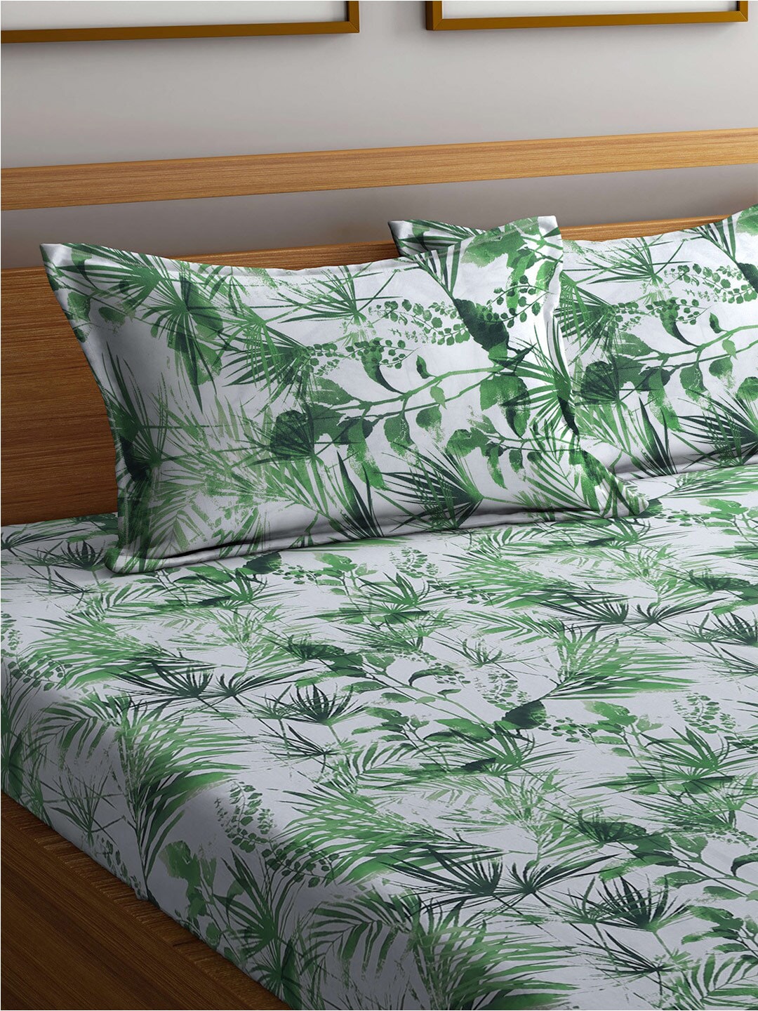 BOMBAY DYEING Serenita Green & White Floral Cotton 144TC Queen Bedsheet & 2 Pillow Covers - Swadesiicart
