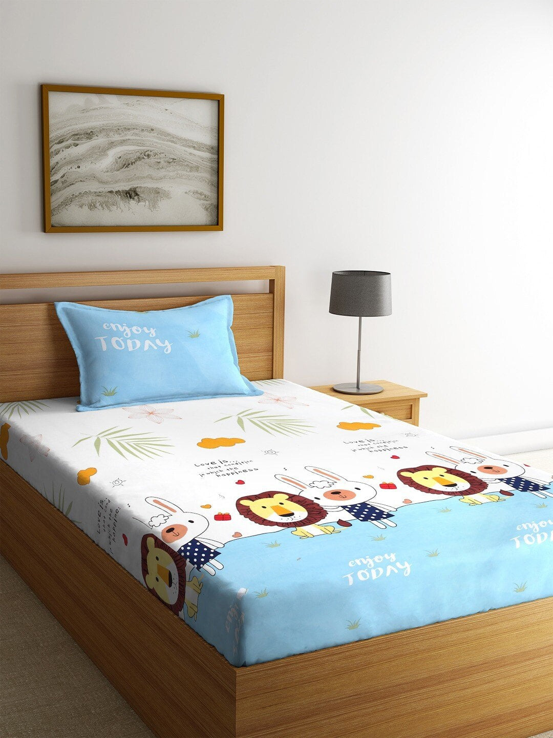 Home Sizzler White & Blue Cartoon Characters 210 TC Single Bedsheet with 1 Pillow Covers - Swadesiicart