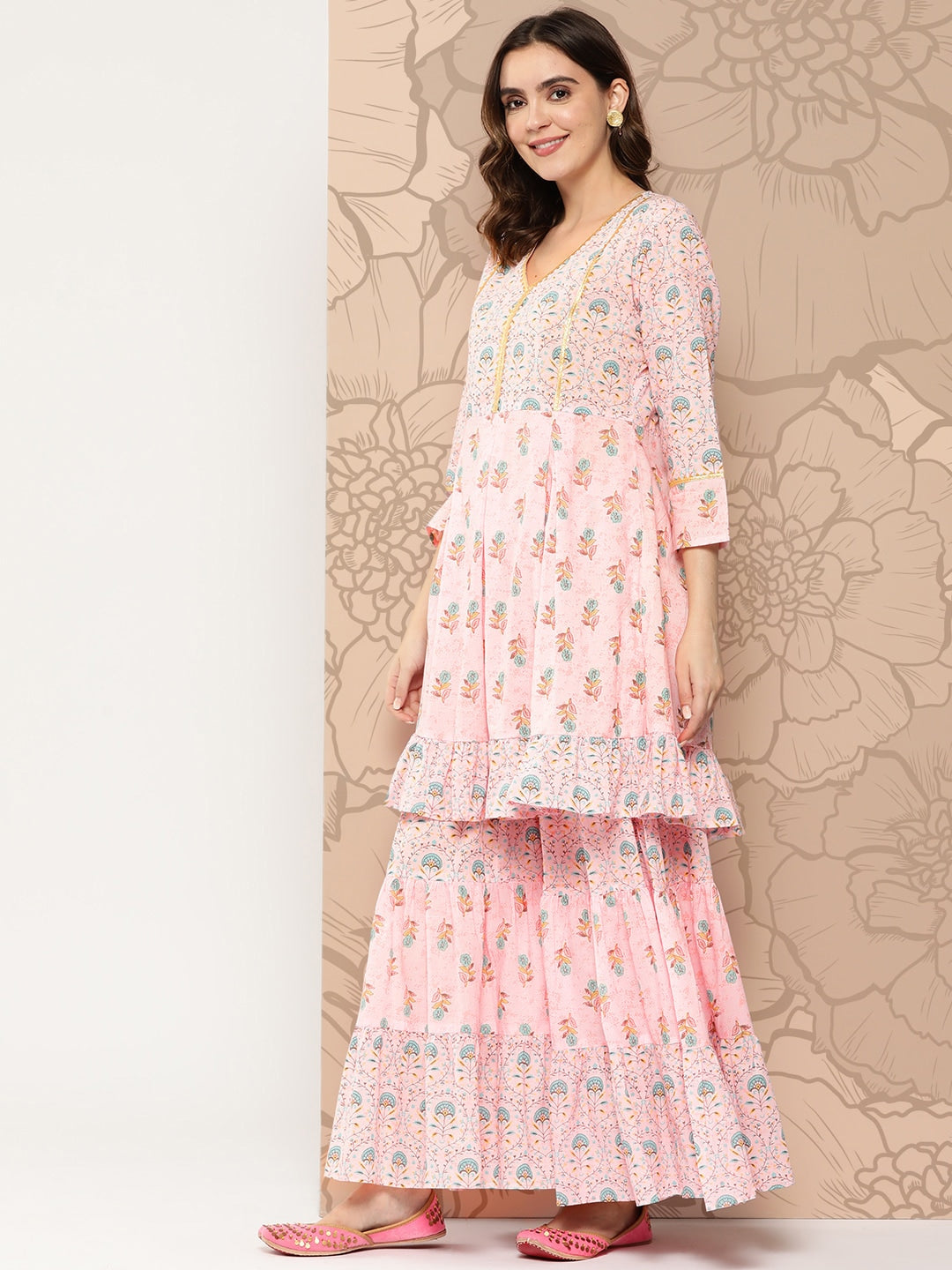 Kalini Floral Printed Gotta Patti Pure Cotton Kurta with Sharara & Dupatta | Swadesiicart