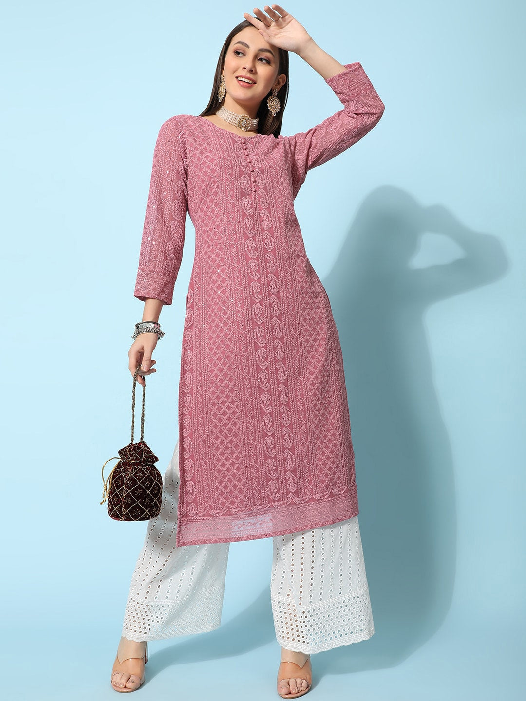 Kalini Ethnic Motifs Embroidered Chikankari Georgette Kurta | Swadesiicart