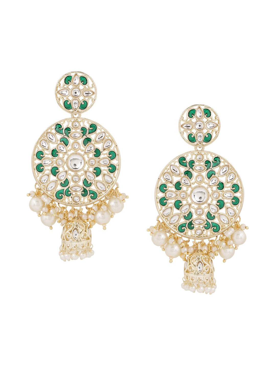 Shoshaa Green & Gold-Polished Kundan Studded Contemporary Jhumkas Earrings | Swadesiicart