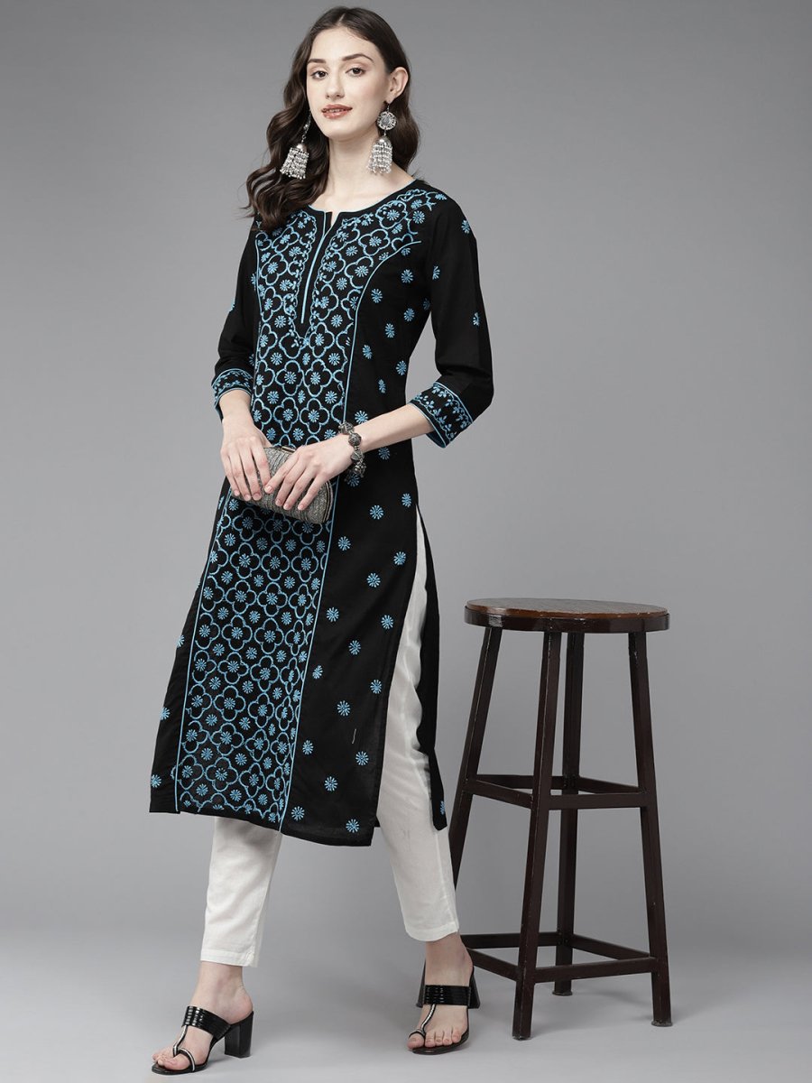 ADA Women Floral Embroidered Cotton Chikankari Kurta | Swadesiicart