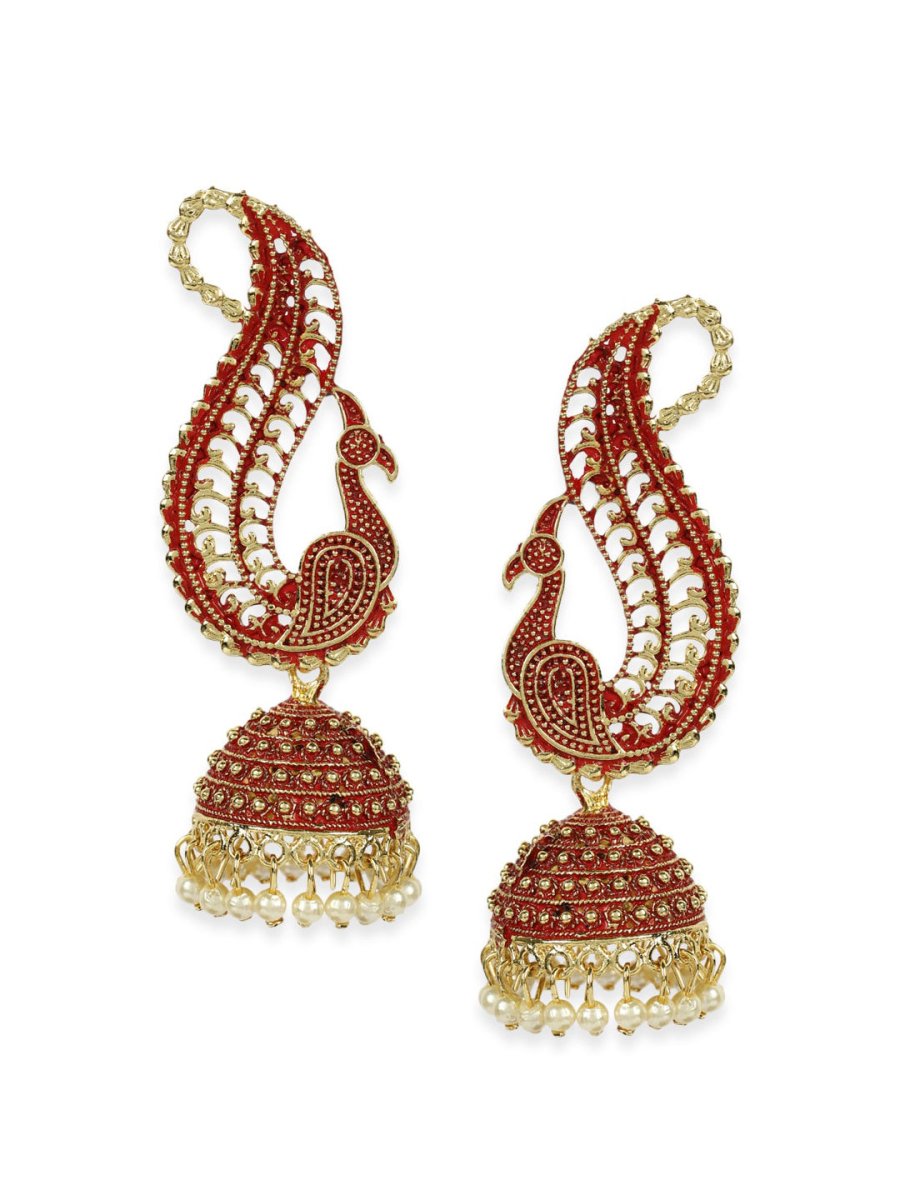 Anikas Creation Red & Gold-Polished Peacock Shaped Jhumkas - Swadesiicart