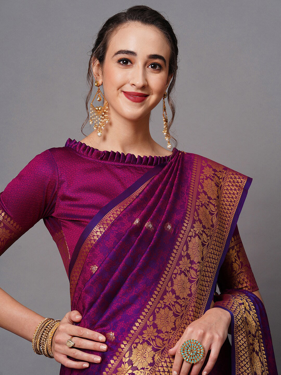 Mitera Magenta & Purple Woven Design Silk Blend Banarasi Saree | Swadesiicart