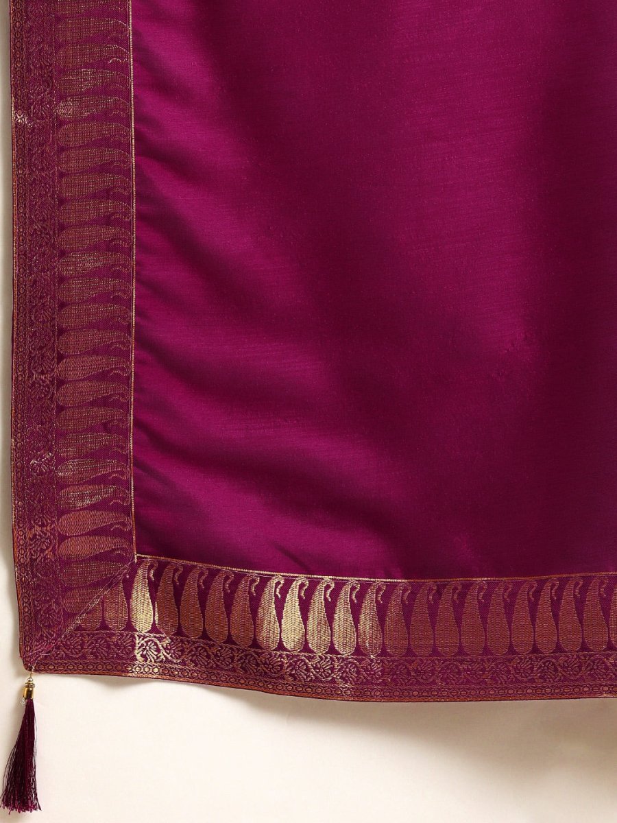 Anouk Purple Cotton Blend Solid Banarasi Saree | Swadesiicart