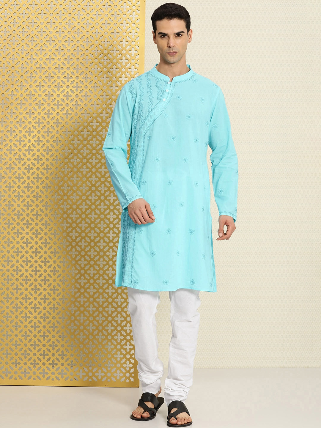 House of Pataudi Men Pure Cotton Embroidered Chikankari Jashn Kurta with Churidar | Swadesiicart