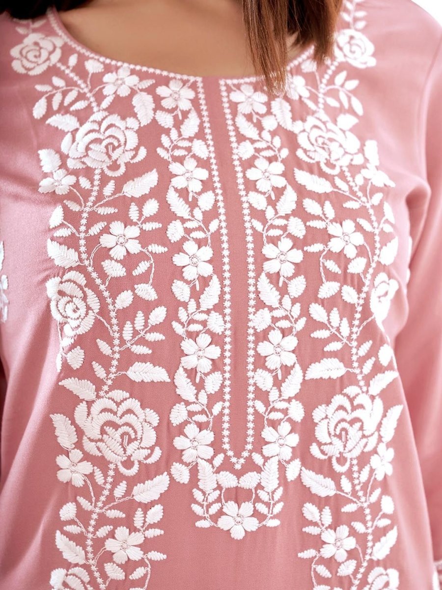 Anouk Floral Embroidered Round Neck Chikankari Straight Kurta | Swadesiicart