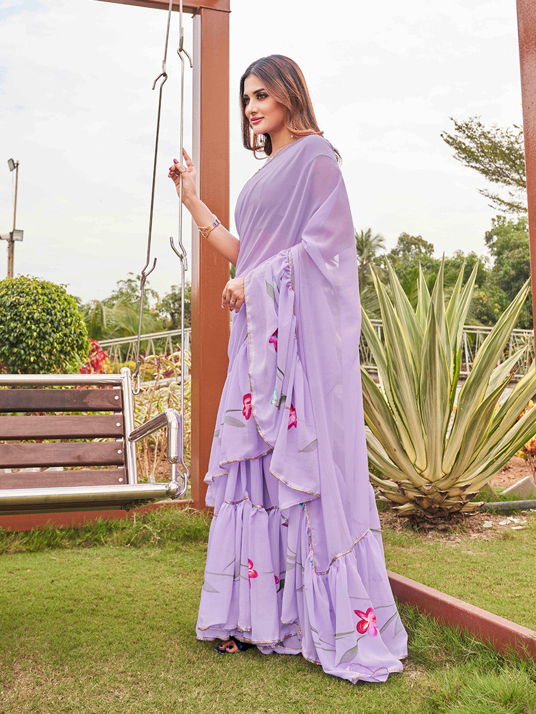 Tikhi Imli Printed Ruffle Saree With Mirror Embroidered Work Blouse | Swadesiicart