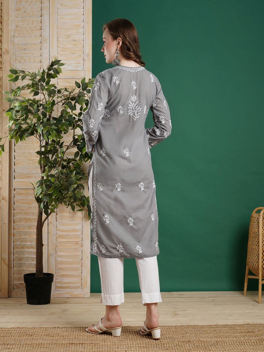 ADA Women Grey & White Chikankari Embroidered Straight Kurta | Swadesiicart