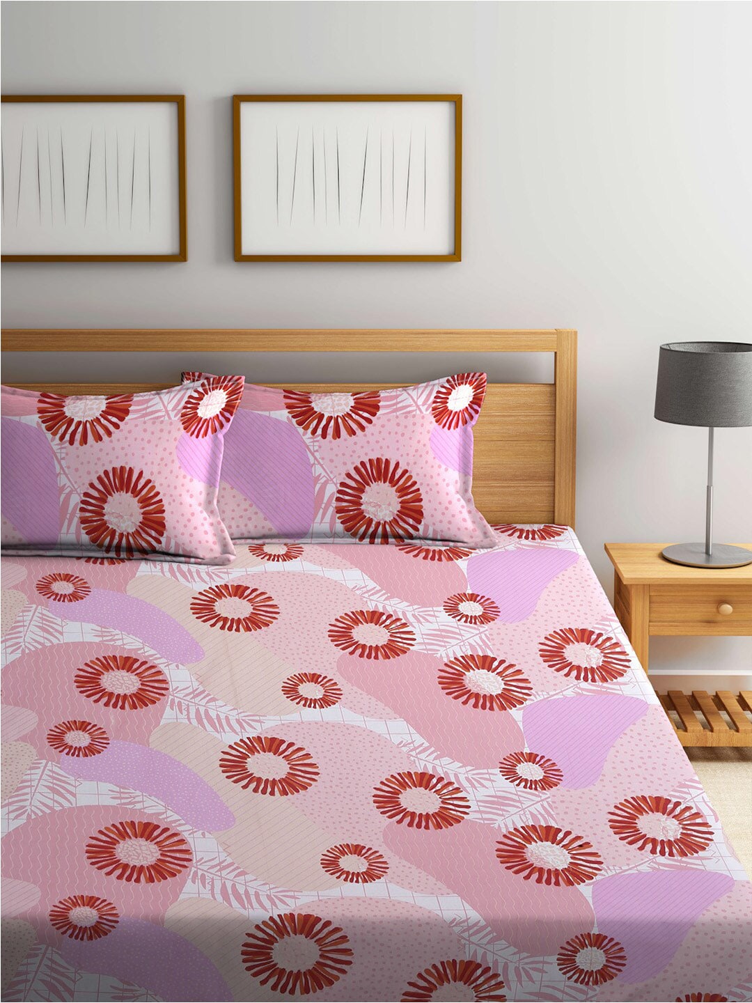 BOMBAY DYEING Serenita Pink Printed Cotton 144 TC King Bedsheet with 2 Pillow Covers - Swadesiicart