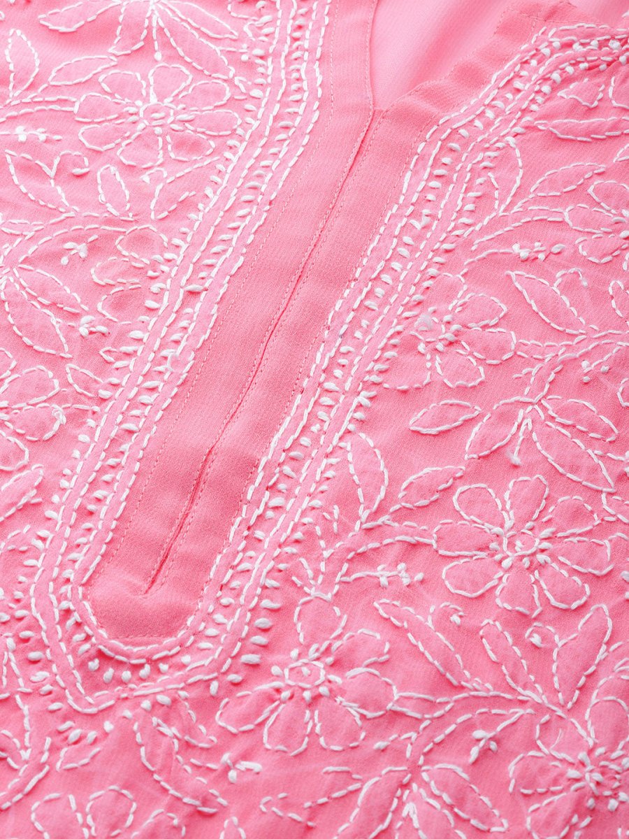 ADA Women Pink & White Chikankari Embroidered Straight Sustainable Handloom Kurta | Swadesiicart