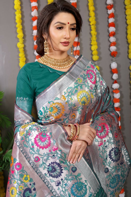 Jyoti Fashion Women's Bottle Green Banarasi Silk Zari Woven Saree with Blouse | Swadesiicart