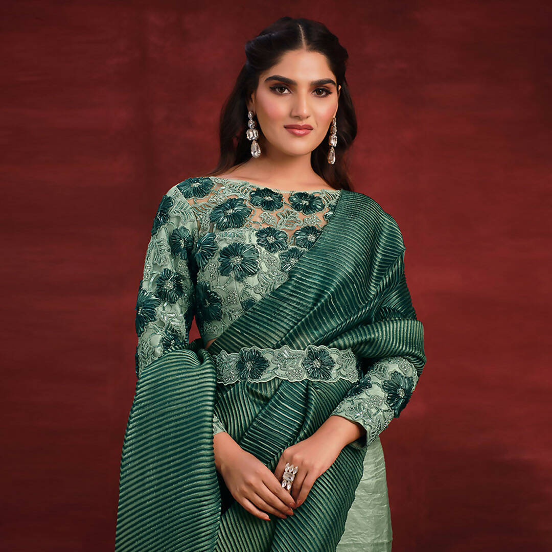 Sea Green Banarasi Crush Silk Sequence Thread & Stone Work/ Texture Pallu Saree - Mohmanthan Kimiya | Swadesiicart
