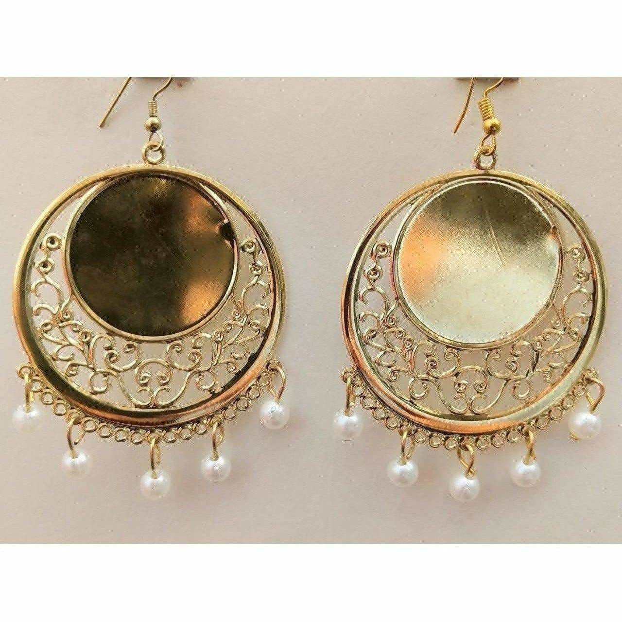 MS Fashion India White Glass Pearl Gold-Polished Mirror Bridal Wear Chandbali Earrings | Swadesiicart