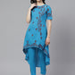ADA Women Blue & Maroon Chikankari Embroidered High Low Handloom Sustainable Kurta with Trousers | Swadesiicart