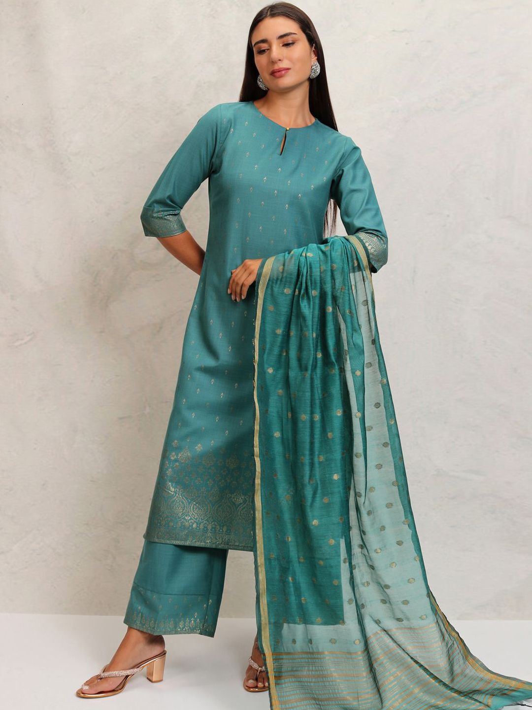 Vishudh Ethnic Motifs Printed Keyhole Neck Straight Kurta With Palazzos & Dupatta - Swadesiicart