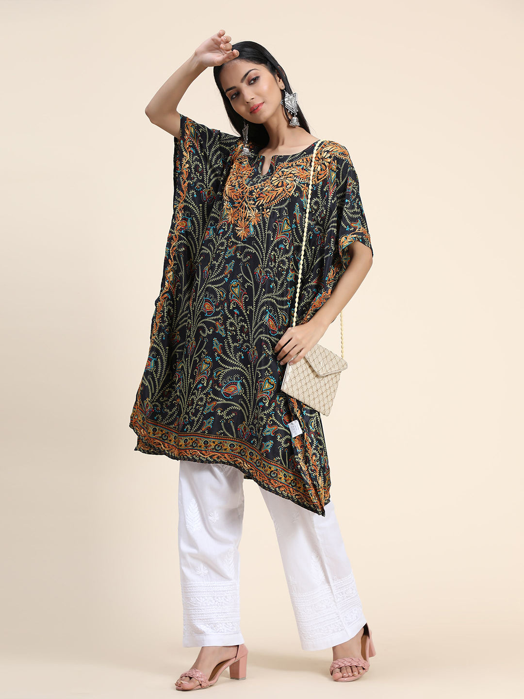 HOUSE OF KARI Ethnic Motifs Printed Chikankari Embroidery Cotton Kaftan Kurta | Swadesiicart