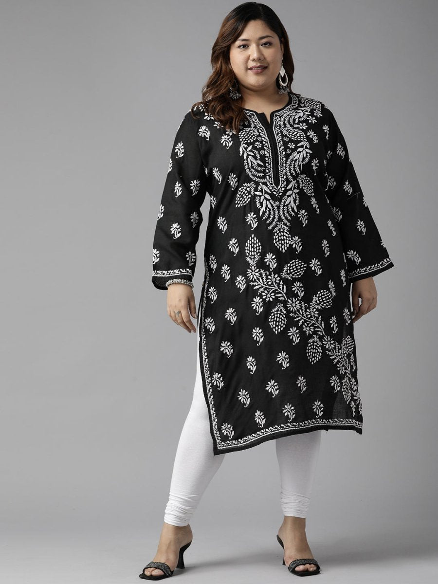 ADA Women Plus Size Black Floral Embroidered Chikankari Kurta | Swadesiicart