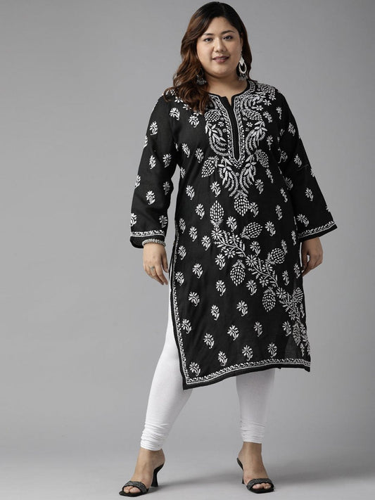 ADA Women Plus Size Black Floral Embroidered Chikankari Kurta | Swadesiicart