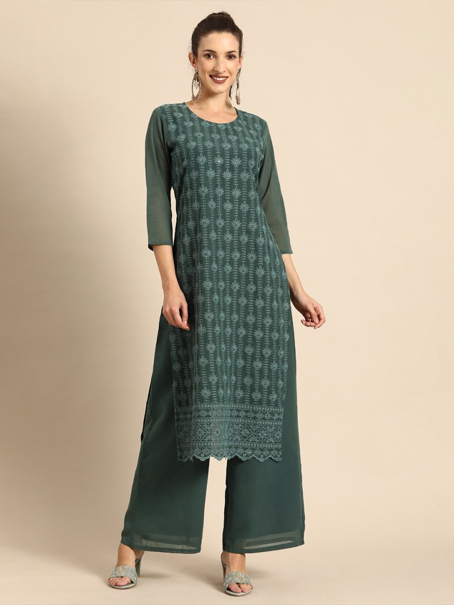 All About You Women Green Ethnic Motifs Embroidered Regular Chikankari Kurta with Palazzos | Swadesiicart