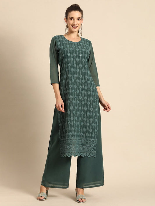 All About You Women Green Ethnic Motifs Embroidered Regular Chikankari Kurta with Palazzos | Swadesiicart