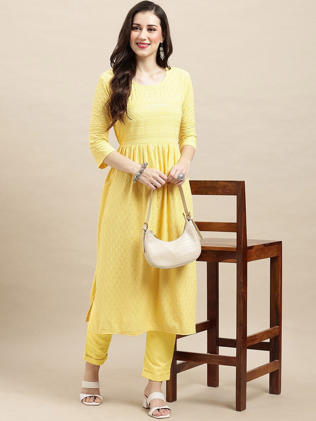 Sangria Yellow Ethnic Motifs Embroidered Chikankari A-Line Kurta | Swadesiicart