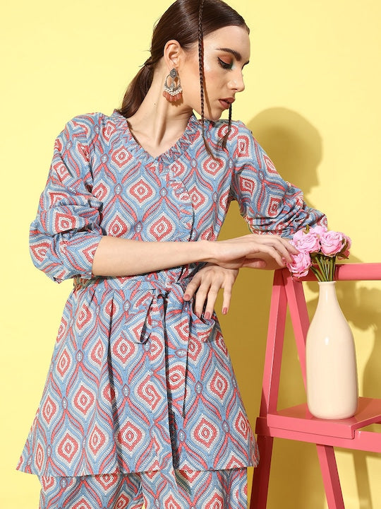 InWeave Women's Blue Pink Ogee Print Belted Coord Set - Swadesiicart