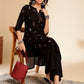 Anouk Black Ethnic Motifs Printed Round Neck Gotta Patti Cotton Straight Kurta - Swadesiicart
