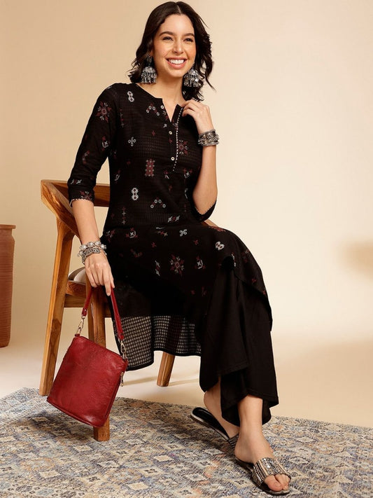 Anouk Black Ethnic Motifs Printed Round Neck Gotta Patti Cotton Straight Kurta - Swadesiicart