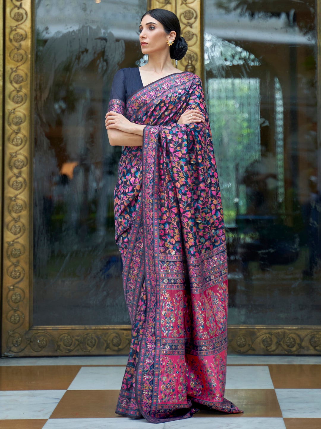 Mitera Navy Blue & Pink Floral Zari Silk Blend Banarasi Saree | Swadesiicart