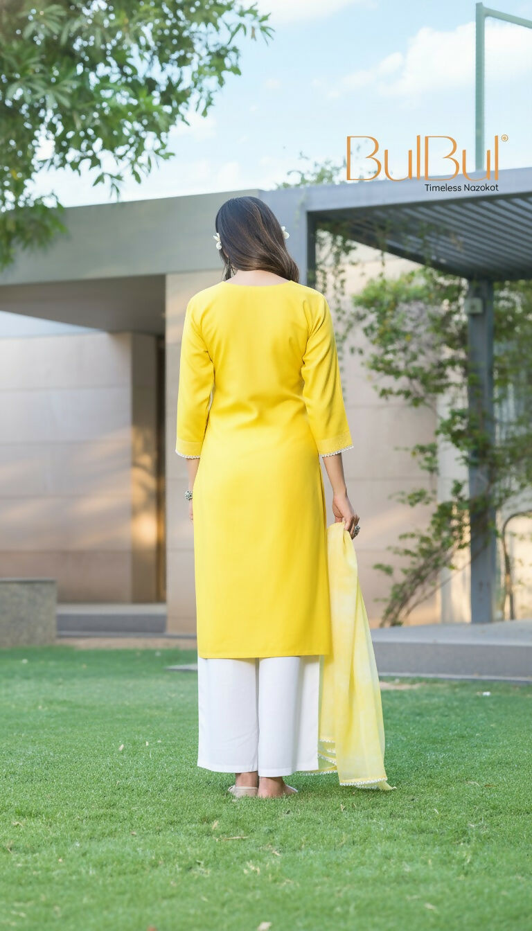 BulBul Pooja Yellow Rayon Kurta Set with Dupatta - Swadesiicart