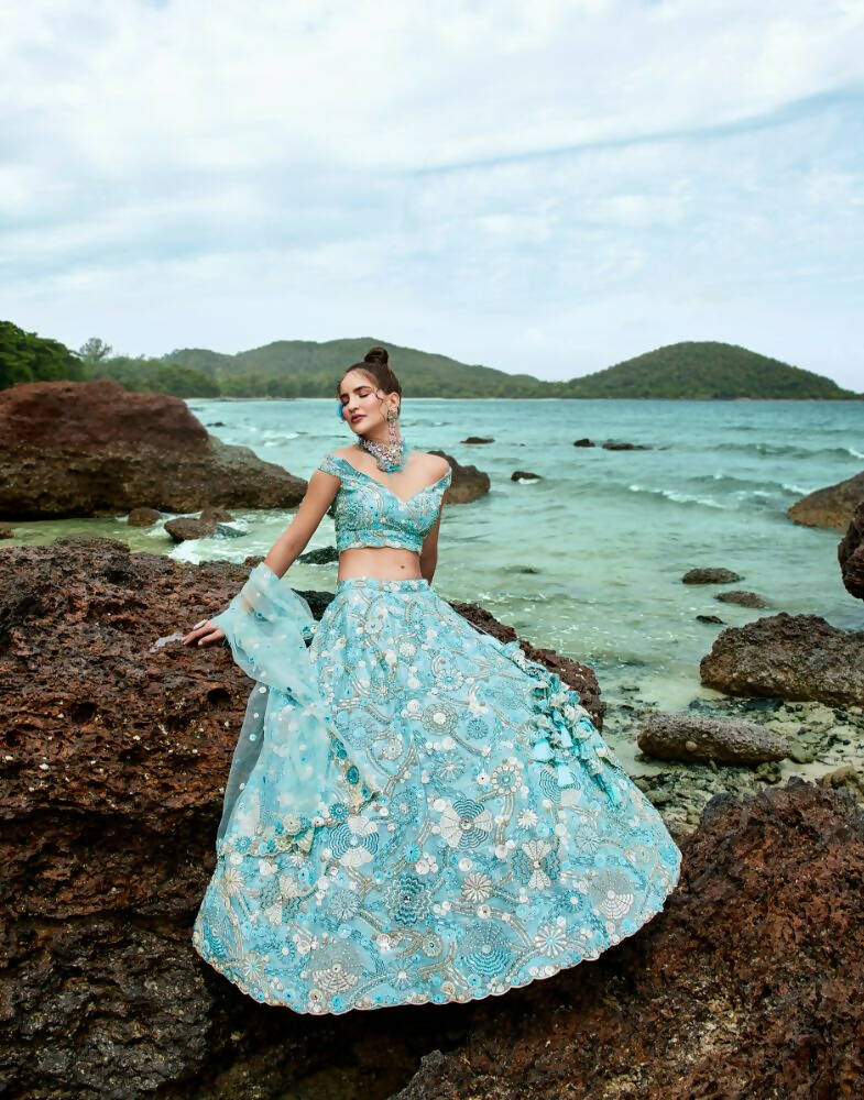 House of Panchhi Sky Blue Organza Sequins, Zarkan And Thread Embroidery Lehenga Choli & Dupatta | Swadesiicart