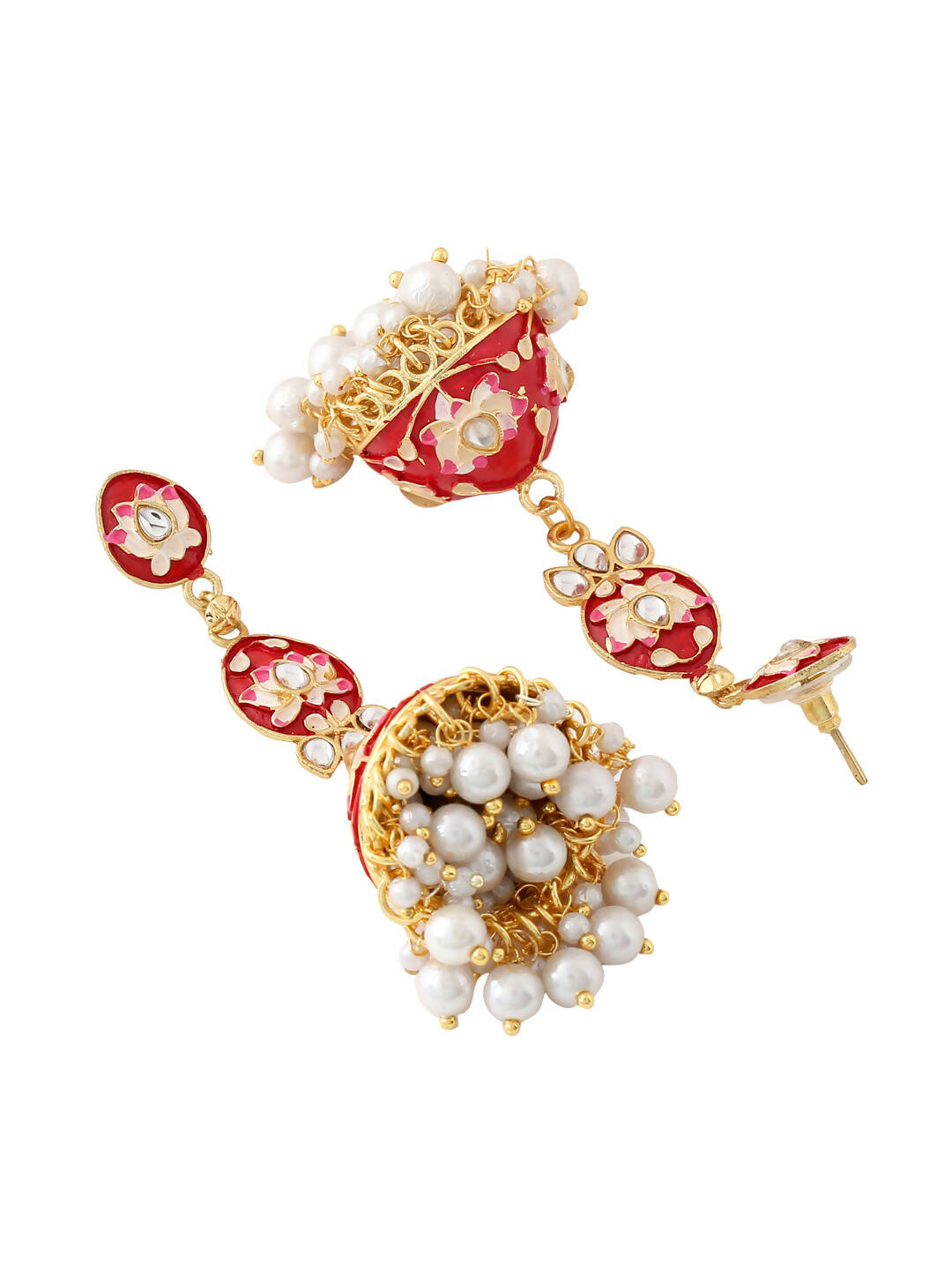 NVR Women Gold-Polished Red Kundan Jhumkas Earrings | Swadesiicart