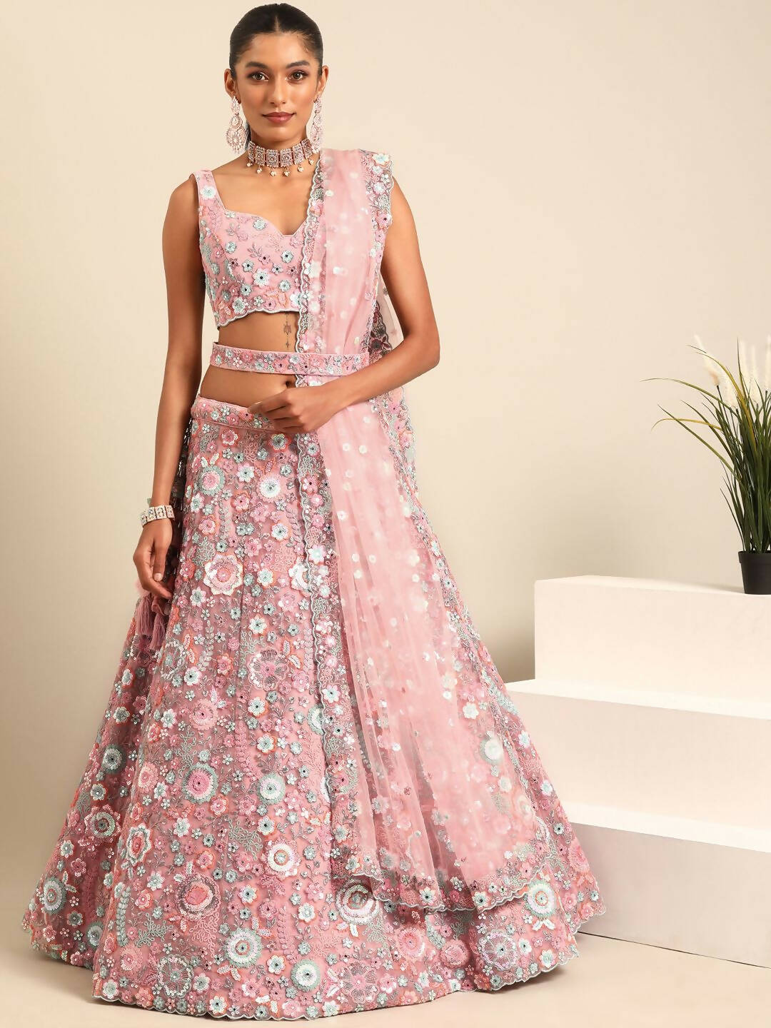 House of Panchhi Pink Net Sequins, Mirror and thread embroidery Lehenga choli & Dupatta | Swadesiicart