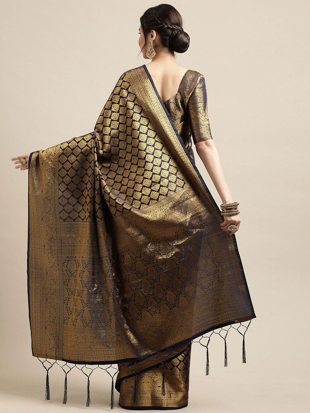Saree Mall Navy Blue & Gold-Toned Ethnic Motifs Zari Silk Blend Banarasi Saree | Swadesiicart